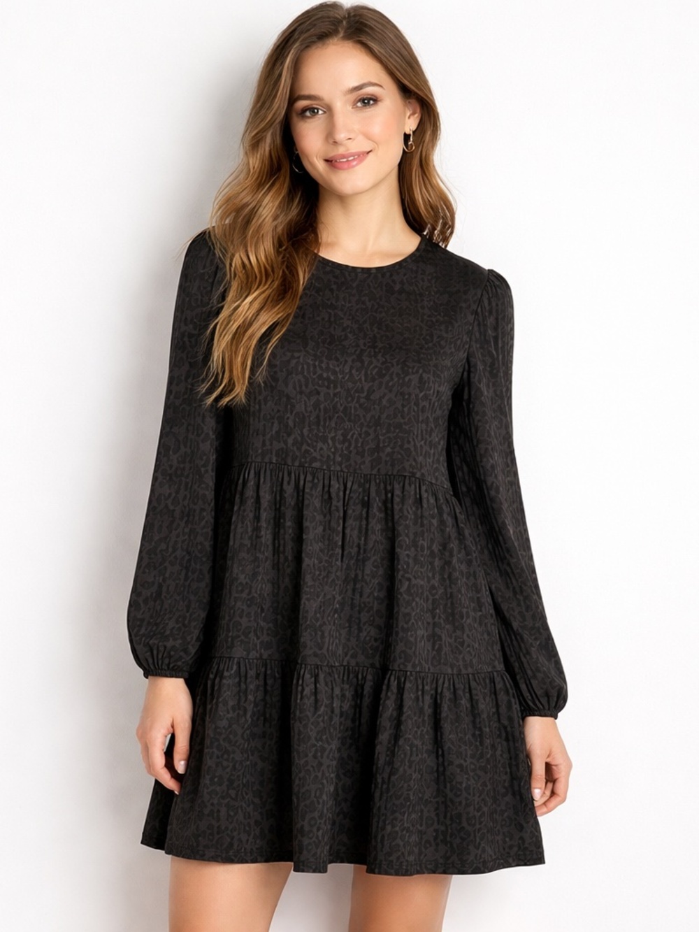 Manguun Dress M Black Tiered Midi Long Sleeve Babydoll Jacquard Leopard Grunge